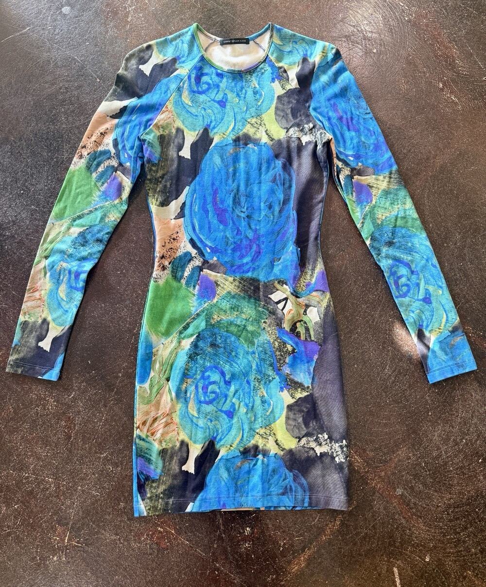 Christopher Kane Made in Italy Abstract Floral Stretch Knit Bodycon Dress Sz XS